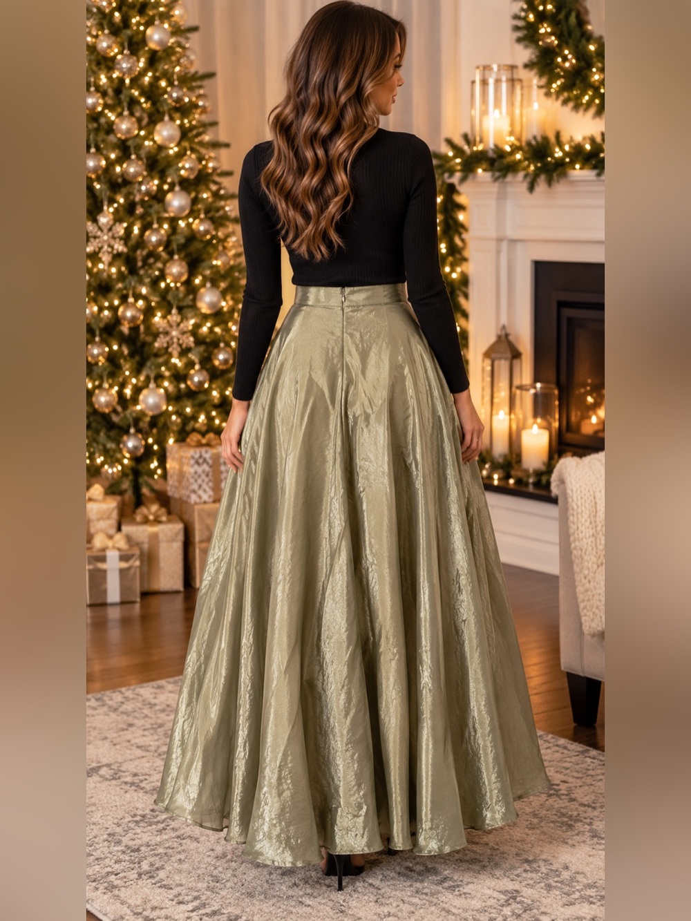Vintage JBS Metallic Olive Gold Full-Length Maxi Skirt Size 14 | Holiday Glam - Picture 2 of 5